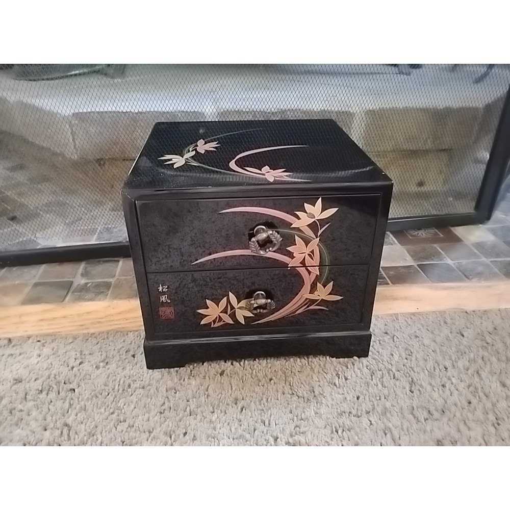Vintage Japanese Lacquerware Mini Wooden Storage Box With Gold Leaves 2 Drawer